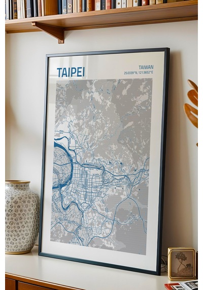 Taipei Tayvan Taiwan Haritası Çerçeveli Tablo Lüks Salon Ofis Duvar Dekorasyonu Hediyelik Tablo Siyah