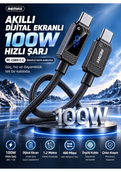 Remax Suxien Rc-c069 100w Pd Dijital Ekranlı Type-c To Type-c Hızlı Şarj Ve Data Kablosu 1.2 Metre Siyah