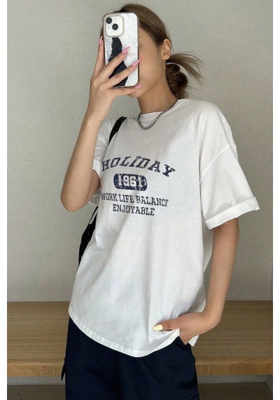 Unisex Holiday Baskılı Tasarım Tshirt Beyaz