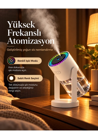 Yıldızlı Gökyüzü Projeksiyonlu Hava Nemlendirici Araç İçi Ofis Uyumlu Rgb Işıklı Döner Başlıklı Taşınabilir Buhar Makinesi 280 Ml