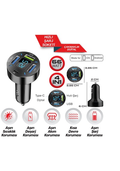 Araç İçi Dijital Çakmak Sarj Soketi Hızlı Sarj 66w 4 İn 1 Usb + Type C 5901848