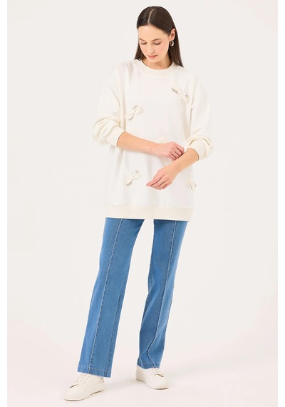 Seçil Kadın Yuvarlak Yaka Taş Detaylı Sweatshirt 1020 Ekru Ekru