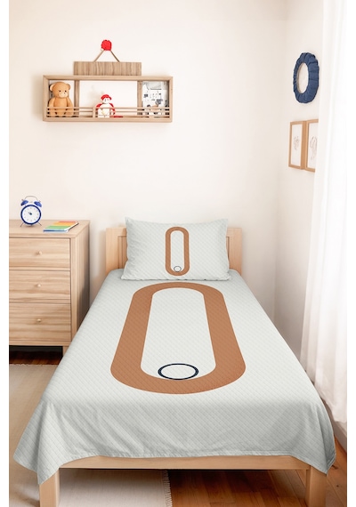 Minimal Bej Geometrik Genç Odası Tek Kişilik Pike Takımı - Ekru Antrasit 160x220 Cm Yatak Örtüsü Gölge Doku Örtüsü