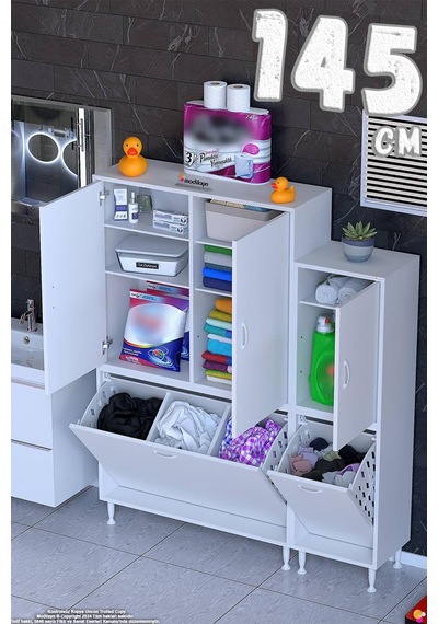 Efil 145 Cm 3 Kapaklı Raflı Ve 3 Bölmeli Sepetli Çok Amaçlı Banyo Dolabı - Beyaz 95+50 X160x32 Cm Efil 145 Cm 3 Kapaklı Raflı Ve 3 Bölmeli Sepetli Çok Amaçlı Banyo Dolabı - Beyaz 95+50 X160x32 Cm