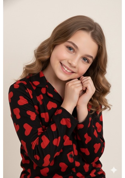 Beka Kids Desenli Uzun Kollu Önden Düğmeli Gömlek Yaka Kız Çocuk Pijama Takımı Siyah