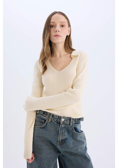 DeFacto Coool Slim Fit Dar Kesim Polo Yaka Crop Triko Kazak X4929AZ25SPER103 Ekru