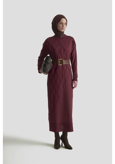 Armine Trend Baklava Desenli Triko Elbise Bordo 25ytd957