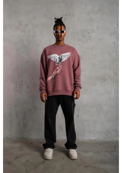 Erkek Güvercin Baskılı Bisiklet Yaka Sweatshirt 3 İplik Pamuklu - Gül Kurusu Gülkurusu Erkek Güvercin Baskılı Bisiklet Yaka Sweatshirt 3 İplik Pamuklu - Gül Kurusu Gülkurusu