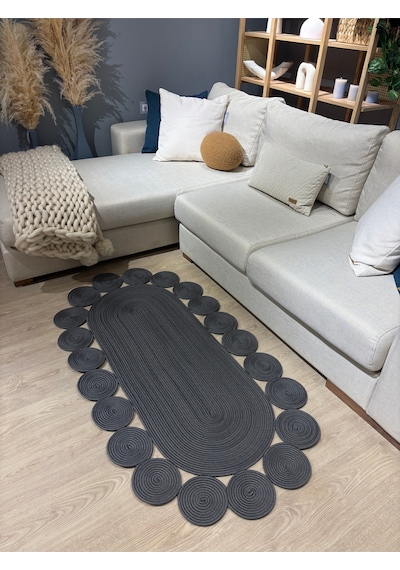 Mavaux Oval Papatya Hasır Jüt Çiçek Desenli Kilim Halı Antrasit