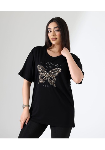 Elaxi Leopar Kelebek Desenli Bluz Siyah