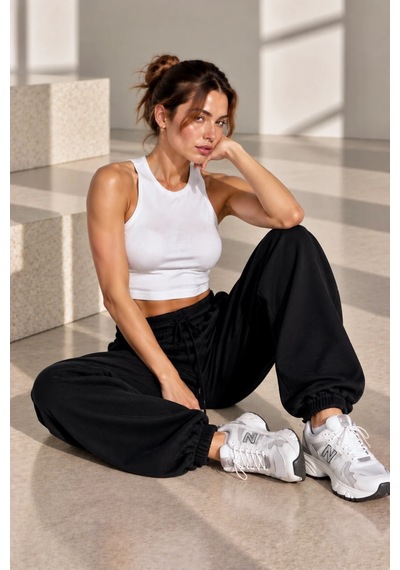 Bb Butik Basic Dökümlü Modal Kumaş Lastikli Bel Rahat Kesim Jogger Pantolon Zg3535 Siyah