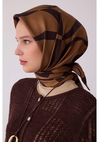 Belli Soyut Desen %100 Twill İpek Eşarp Be29 Kahverengi-hardal