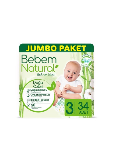 Bebem Natural Bebek Bezi 3 Numara Midi Jumbo Paket 34 Adet