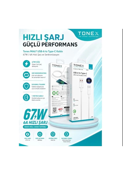 Tonex Ma67 67w Type-c Hızlı Şarj Data Kablosu 1mt Saliseli Beyaz