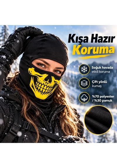 Genel Unisex Sarı Kurukafa Desenli Balaklava Kar Maskesi Siyah Tam Yüz Boyunluk Motos Siyah / Standart