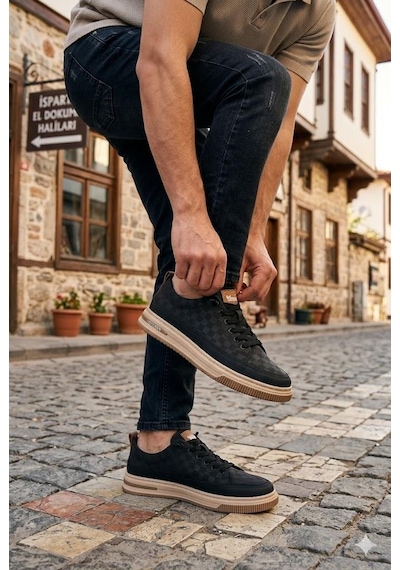 Pepita E385 Rahat Hafif Keten Özel Tasarım Spor Sneaker Erkek Ayakkabı Siyah