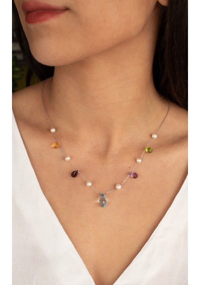 Doğan Diamond 925 Ayar Gümüş 12 Ct Yarı Değerli Doğal Taşlı & İncili Damla Kolye- Collezione Del Festival