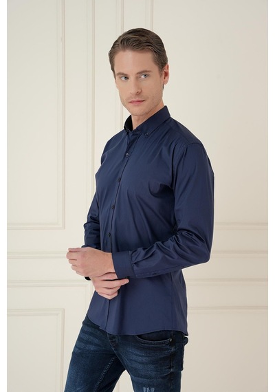 Efor Slim Fit Düğmeli Yaka Esnek Klasik Lacivert Gömlek Gk 746 Lacivert