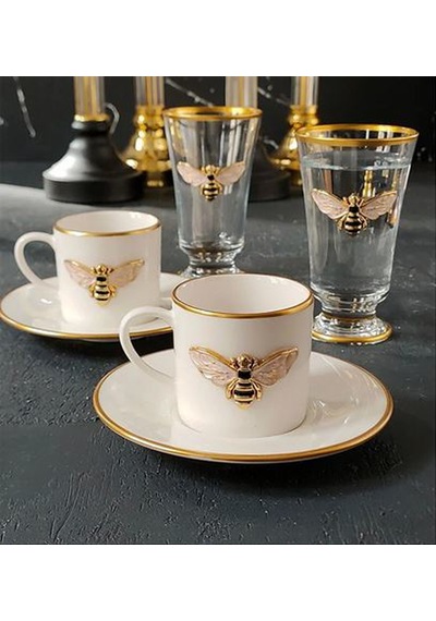 Regna Home Queen Bee 2 Kişilik Dekorlu Kahve Yanı Su Bardaklı Kadehli 6 Parça Kahve Fincan Takımı Beyaz - Gold