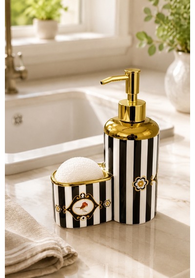 Kuş Motifli Gold Detaylı Çizgili Porselen Sıvı Sabunluk + Bulaşık Süngeri + Süngerlik Seti 500 Ml 20 X 15 X 7 Cm Beyaz - Siyah