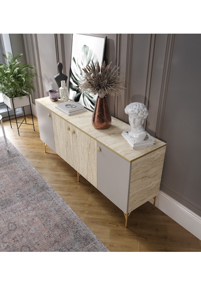 Traverten Çok Amaçlı Modern Konsol, 4 Kapaklı 160cm Mermer Desenli Konsol - Tamamı Mdf Traverten - Kumtaşı Traverten Çok Amaçlı Modern Konsol, 4 Kapaklı 160cm Mermer Desenli Konsol - Tamamı Mdf Traverten - Kumtaşı