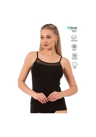 Özkan Underwear Özkan 26819 Kadın Pamuklu Modal Tül Detaylı İnce Askılı Atlet Siyah