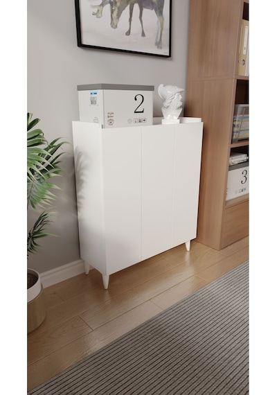 İliana 3 Kapaklı 4 Raflı Çok Amaçlı Dolap, Banyo Dolabı, Mutfak Dolabı Beyaz Beyaz