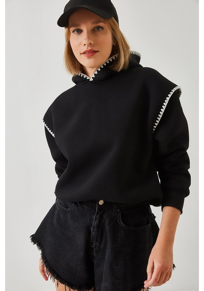 Shade Kadın Kapişonlu Dantel Detaylı Sweatshirt 60601028 - Siyah