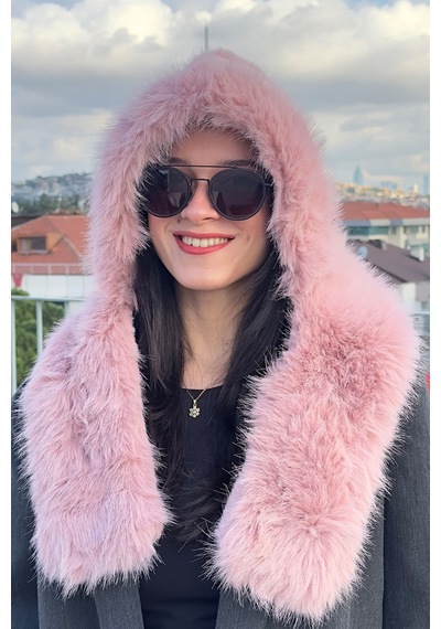 Mollycrush Kadın Pembe Suni Kürk Eşarp Atkı Şapka Kışlık Sıcak Tutan Soft Peluş Model Pembe