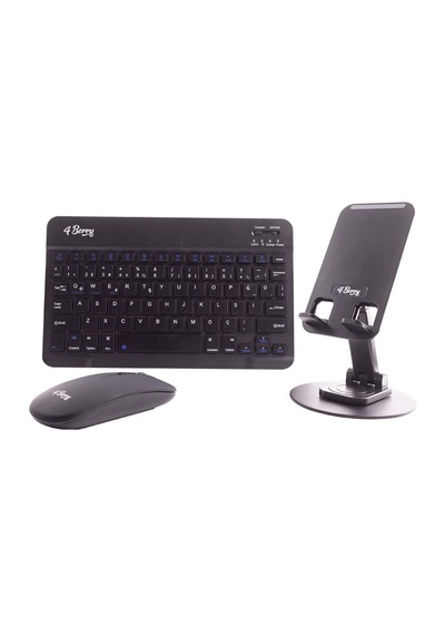 Kablosuz Klavye Mouse & Stand Seti + Telefon Standı Siyah