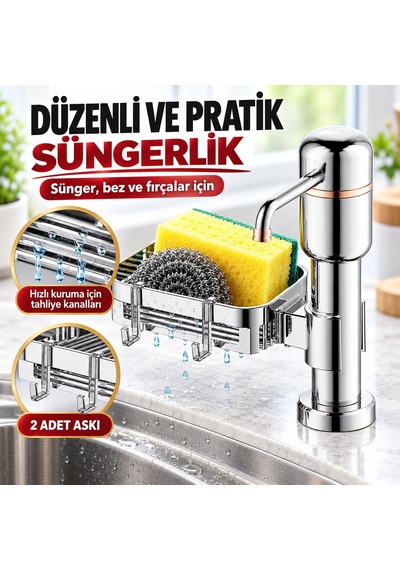 Valkyrie 2 Si 1 Arada Mutfak Sıvı Sabunluk Ve Süngerlik Seti Tezgah Üstü Pompalı Dispenser 360 Döner Gümüş