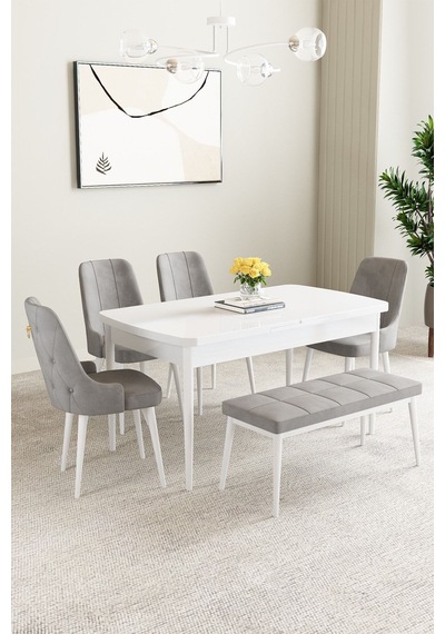 Clara Beyaz 80x132 Açılabilir Mdf Masa Yemek Odası Takımı,mutfak Takımı 4 Sandalye 1 Bench Gri Clara Beyaz 80x132 Açılabilir Mdf Masa Yemek Odası Takımı,mutfak Takımı 4 Sandalye 1 Bench Gri