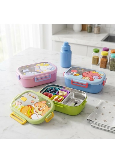 Paslanmaz Çelik 2 Bölmeli Kilitli Yemek Kabı, 850 Ml Renkli Desenli Lunch Box, Çelik İç Hazneli Saklama Ve Taşıma Kabı Çok Renkli