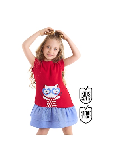 Denokids Kedi Fırfırlı Kırmızı Kız Elbise Kırmızı
