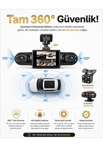 Cmr-161 4 Kannalı Araç İçi Kamera Sistemi Full Hd 1080p Gece Görüşlü 170 Derece Geniş Açı G-sensör 2.0inç Ekranlı