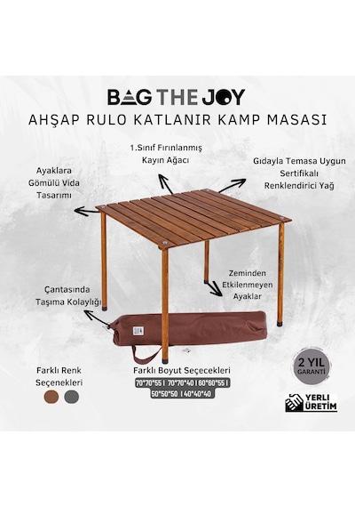 Bag The Joy 70 x 70 x 55 CM Ahşap Katlanır Kamp Masası - Kahverengi