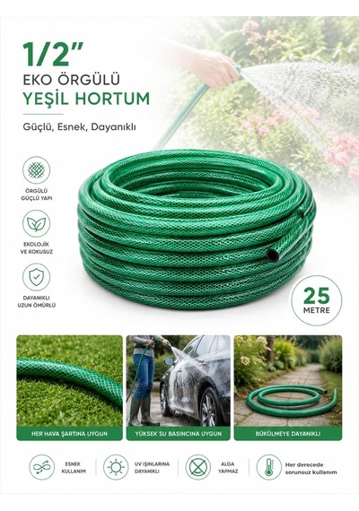1/2" 25 Metre Örgülü Bahçe Hortumu Balkon Bahçe Sulama Temizlik Araç Yıkama Su Hortumu Dolanmaz Kırılmaz Yeşil Yeşil, 1/2" 25 Mt