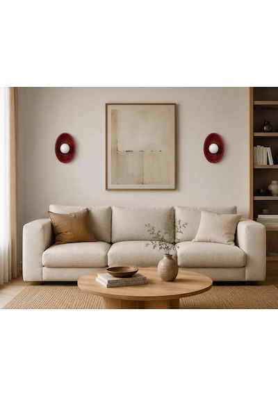 El Yapımı Seramik Kil Aplik Aydınlatma - Wabi Sabi Kırmızı Terakota Duvar Apliği - Led Aydınlatma - 30 X 22 Cm Oval