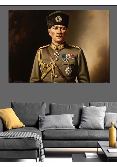 Askeri Üniformalı Mustafa Kemal Atatürk Portresi Dekoratif Kanvas - Mdf Ahşap Tablo
