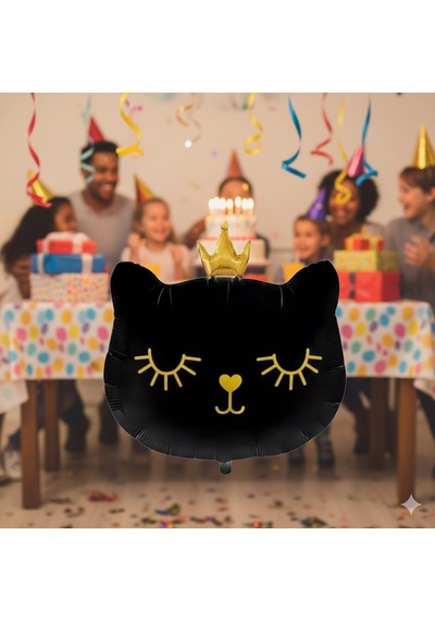 66 Cm Grabo Siyah Kedi Kafası Taçlı Folyo Balon - Doğum Günü Parti Dekorasyon Balonu Çok Renkli