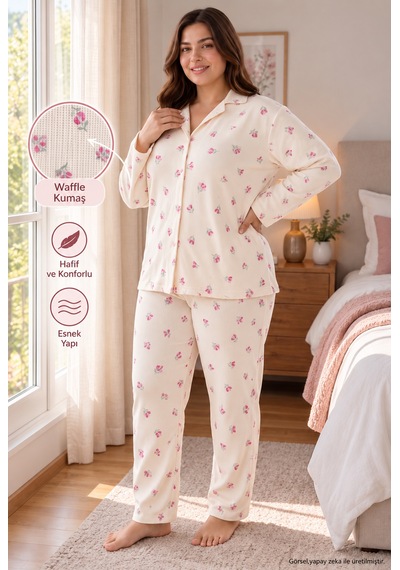 Seboteks Waffle Kumaş Önden Düğmeli Uzun Kollu Büyük Beden Kadın Pijama Takımı 3596 Ekru