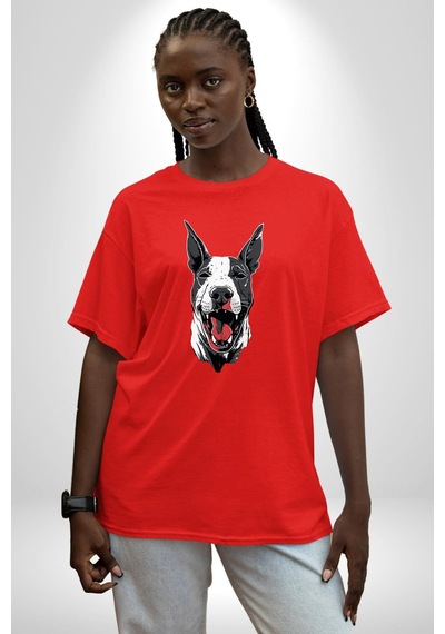 Doberman Kırmızı Dil Siyah Dik Kulak Pamuklu Bisiklet Yaka Unisex Oversize Boyfriend Dijital Baskılı Kırmızı T-shirt Kırmızı