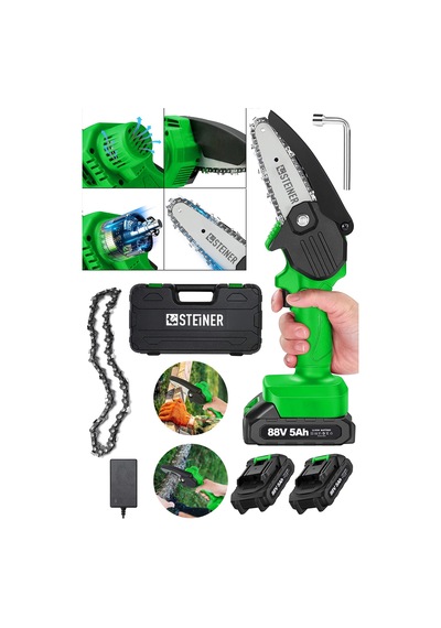 Steiner 88V 5Ah Çift Akülü Çantalı Dal Kesme Budama Testeresi Bıçkı Makinesi Yeşil + Zincir