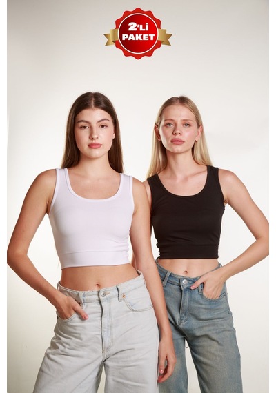 Mea Capio 2'li Kadın Crop Kare Yaka Fitilli Askılı Basic Top Büstiyer Atlet Siyah - Beyaz