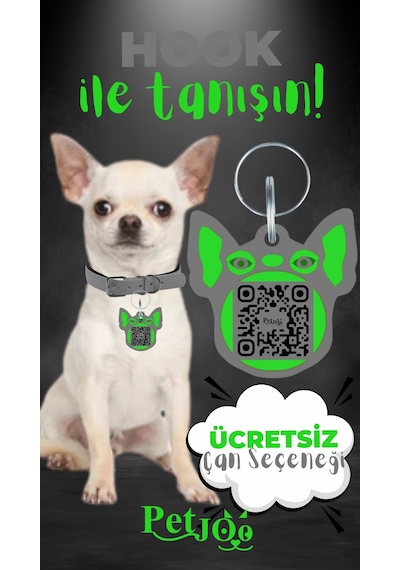 Petjoo 7.Hook Yeşil-Gri Qr'lı Köpek Künyesi