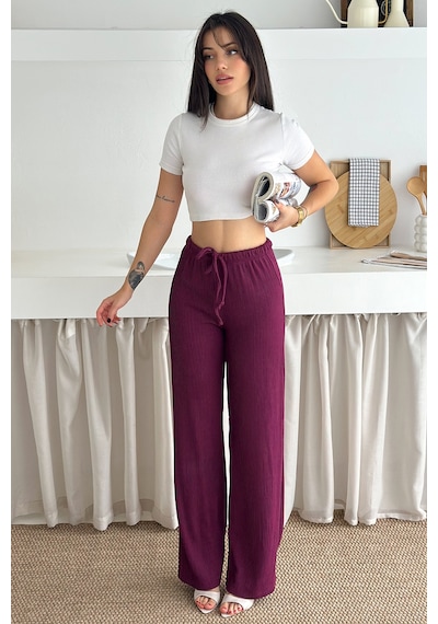 Noa & Noa Kadın Bol Paça Sardonlu Kalın Pantolon Kışa Özel & Konforlu Stil Bordo