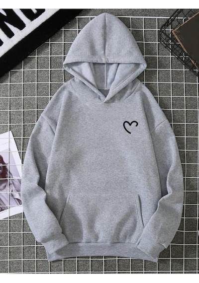 Yarım Kalp Sweatshirt - Gri Baskılı Oversize Kışlık Kalın Kapüşonlu Gri
