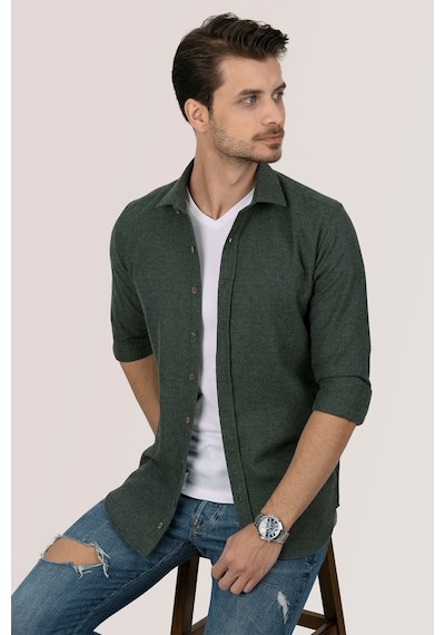 Koyu Yeşil Oduncu Slimfit Erkek Gömlek Yeşil