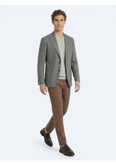 Kip Haki Desenli Modern Fit Keten Karışımlı Ceket