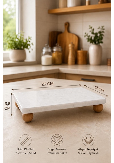 Top Ayaklı Doğal Mermer Sunumluk 23x12 Cm Ahşap Ayaklı Dekoratif Servis Standı Ve Yağlık Altlığı